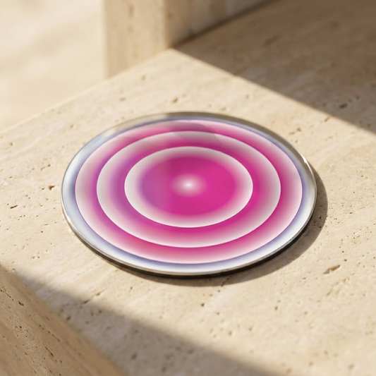 Liberation Pocket Portal by The Prism with three expanding pink circles and an Alchemical Silver Mirror finish.
