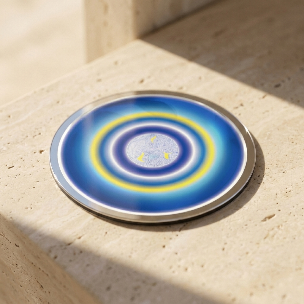 Harmony Emphasized Pocket Portal by The Prism with blue dots, three yellow symbols, pink points and a light-blue spiral.