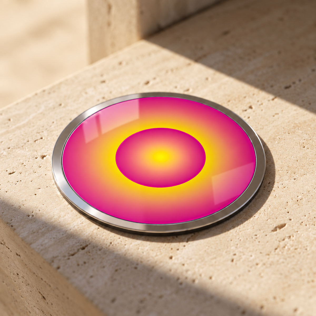 Infinity Pocket Portal by The Prism with concentric magenta, yellow and pink fields, a cyan edge and yellow centre.