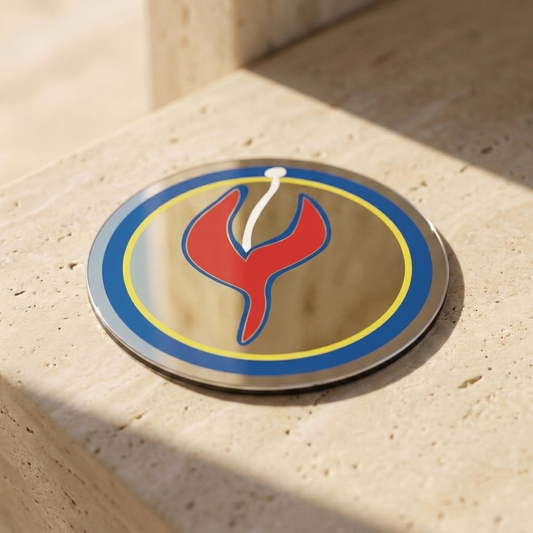 Pure Enlightment Pocket Portal by The Prism with blue and green rings, a red central figure and Clear Alchemical Gold Mirror finish.