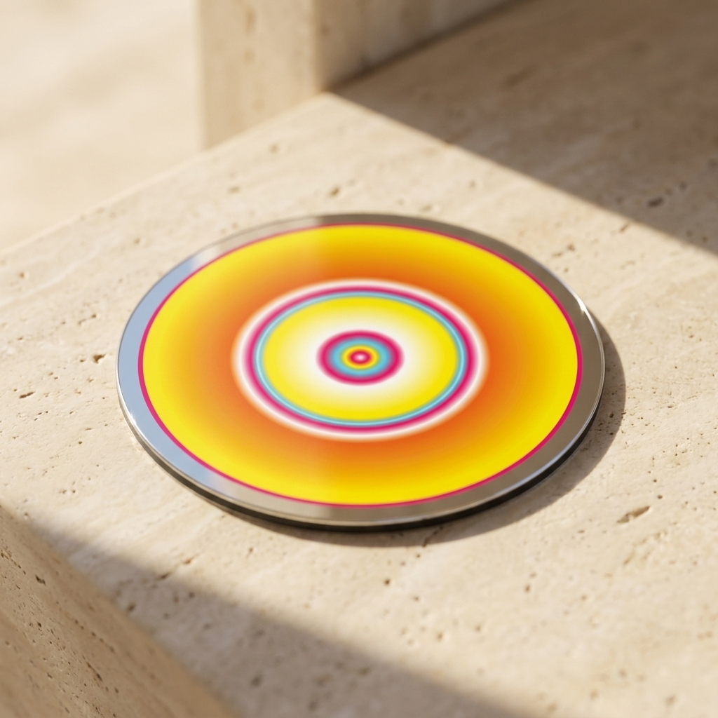 Sun Energy Pocket Portal by The Prism with yellow, azure, red and white inside a magenta circumference.