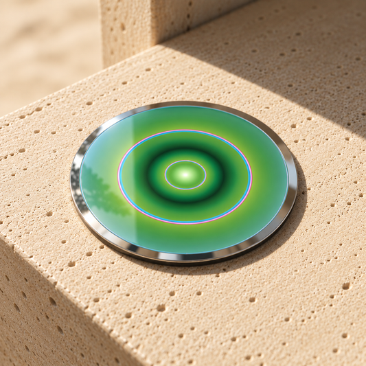 Venus Pocket Portal by The Prism with a green field, two pink circles and a white border with azure reflections.